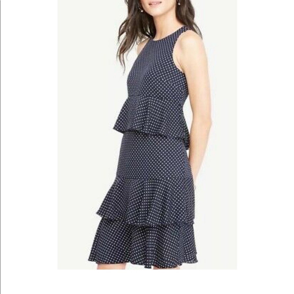 Ann Taylor Navy White Polka Dot Ruffle Sleeveless Dress // Sz 2P